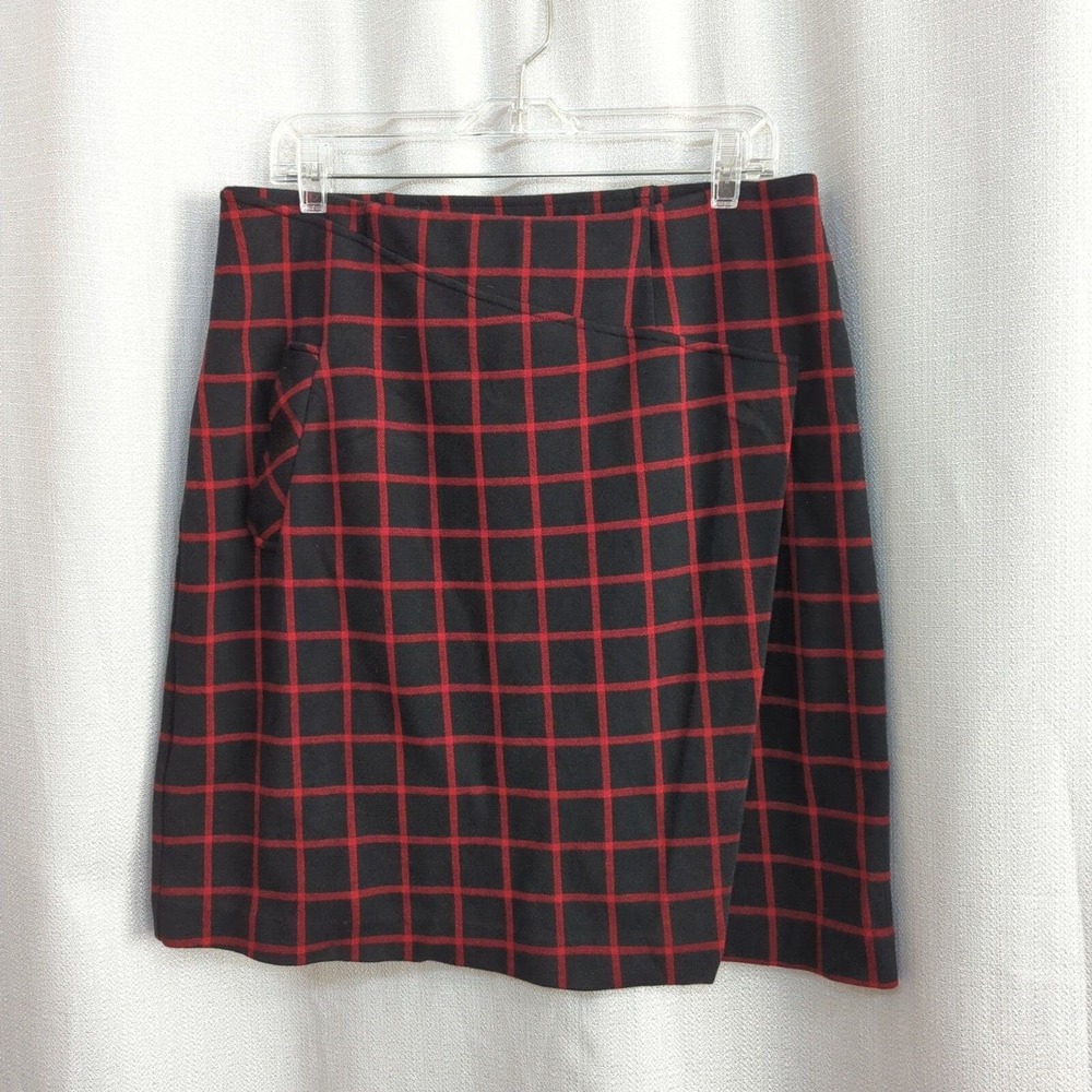 J Jill Faux‎ Wrap Skirt Womens M Windowpane Black Red Stretch Pocket